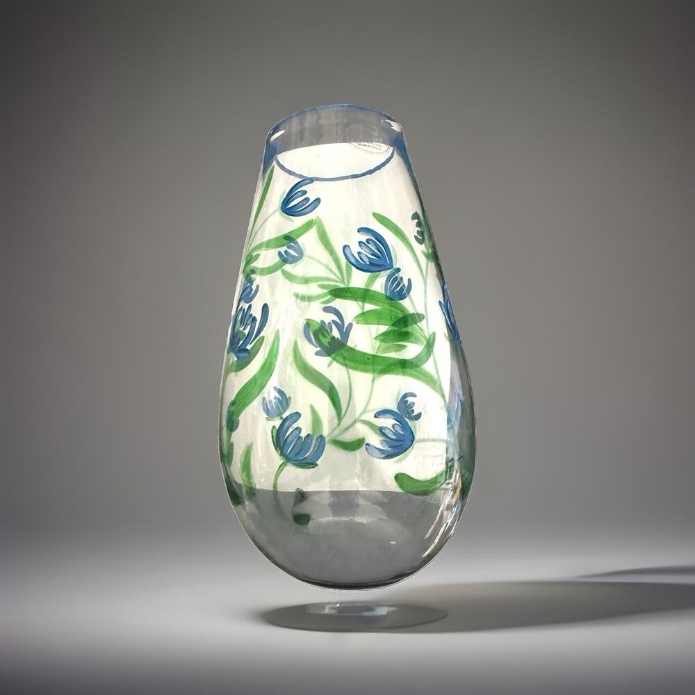 New Large Hand Painted Blue Green Floral Glass Vase 9.75” Tall with Tags